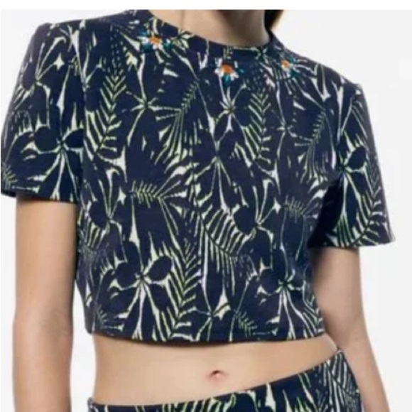 Zara Crop Top Embellished Stretch Navy Blue Size Small - Picture 3 of 12